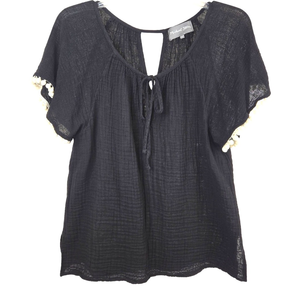 Womens S Black Keyhole Tie Front Top Hippy Dark Cottagecore Lightweight Airy‎